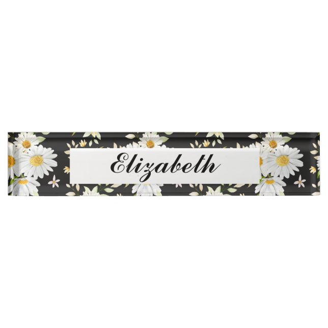 Porte-nom Élégant Monogramme noir et blanc Motif de margueri (Devant)