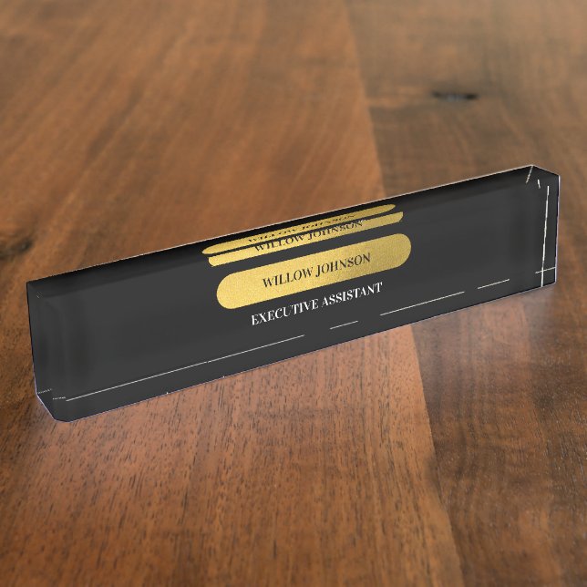 Porte-nom Élégant Monogramme noir & or Script moderne (Taille)