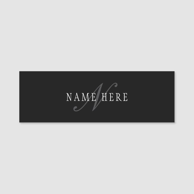 Porte-nom Élégant Monogramme personnalisable | Noir gris bla (Devant)
