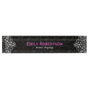 Porte-nom Elégant noir Damas Argent métal Vintage dentelle