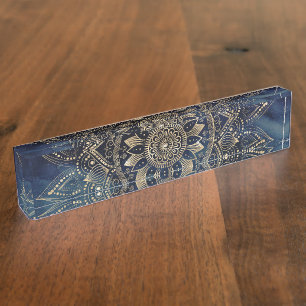 Porte-nom Elégant or Mandala Blue Galaxy Design