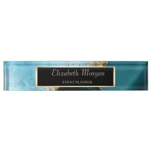 Porte-nom Élégant paillettes dorées Marbre Turquoise, Cadre