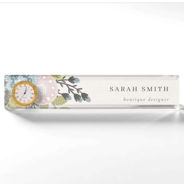 Porte-nom Élégant Pastel Boho Blush Blue Green Leafy Floral (Devant)