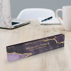 Porte-nom Élégant Purple et Gold Agate Geode Professionnel