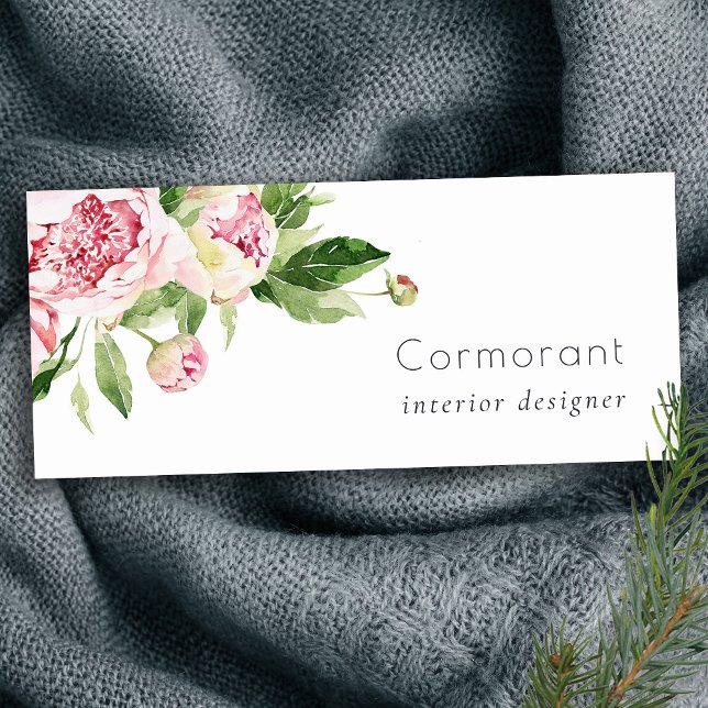 Porte-nom Elégant rose rose vert Aquarelle Peony Floral (Créateur téléchargé)