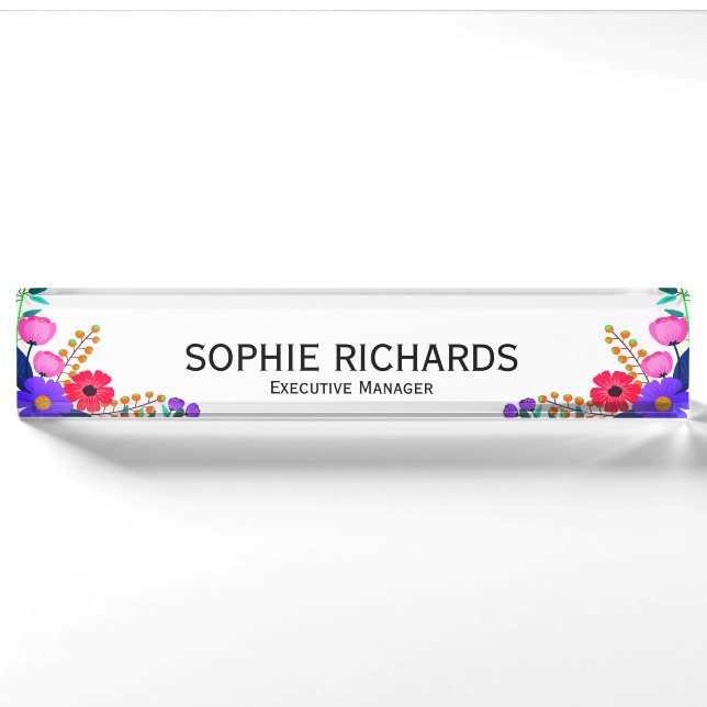 Porte-nom Élégant Rouge Rose violet Fleurs Directeur exécuti (Devant)
