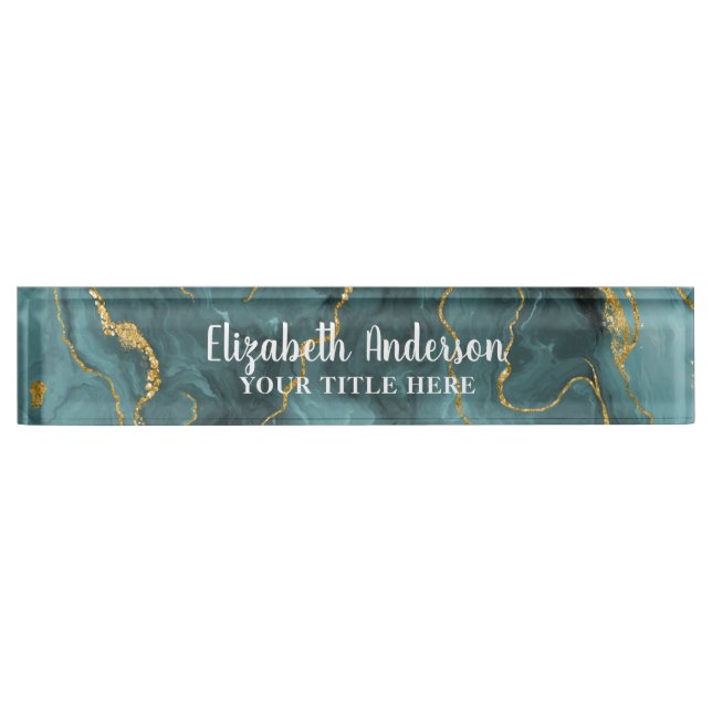 Porte-nom Élégant Turquoise Bleu Agate Géode Chic Monogramme (Devant)