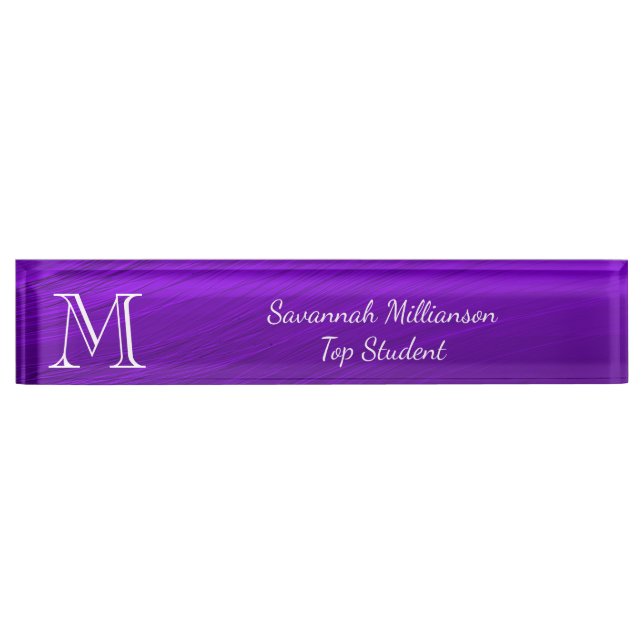 Porte-nom Élégant violet Faux métal Monogramme étudiant (Devant)