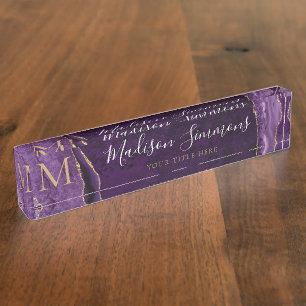 Porte-nom Élégant violet violet or Agate Géode Monogramme