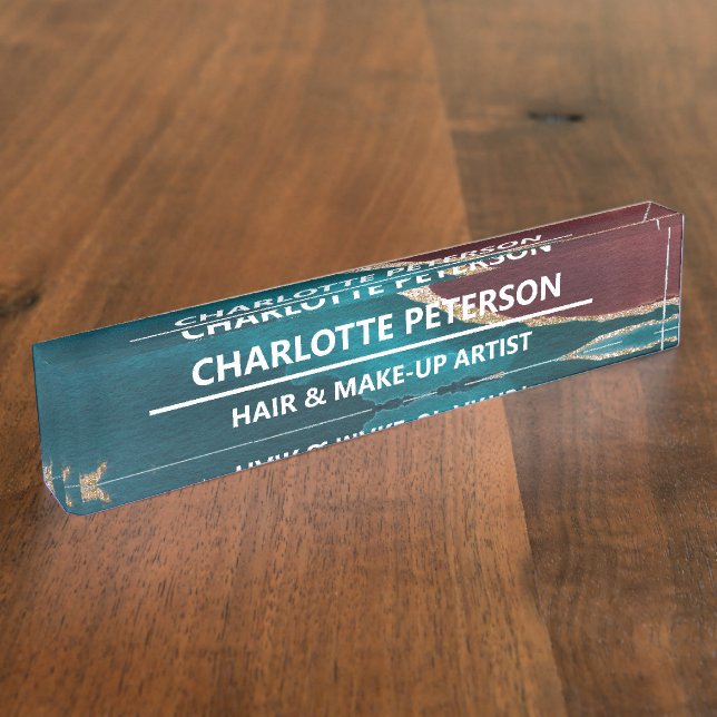 Porte-nom Elégante Aquarelle en marbre Turquoise bleu et or  (Taille)