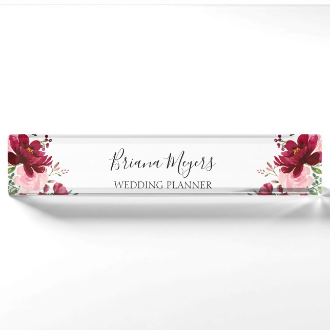 Porte-nom Elégante aquarelle Floral Blush Bourgogne (Devant)