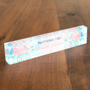Porte-nom Élégante Fleurs Roses Bleues Florales