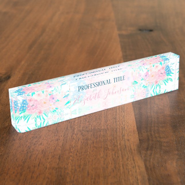 Porte-nom Élégante Fleurs Roses Bleues Florales (Taille)