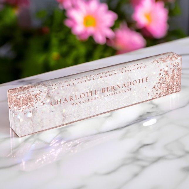 Porte-nom Élégante Marbre blanc  Rose étincelant Parties sci (Elegant White Marble Sparkle Rose Gold Glitter Desk Name Plate)