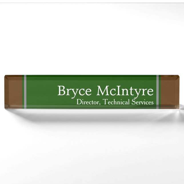 Porte-nom Élégante plaque verte et Brown pour votre bureau (Devant)