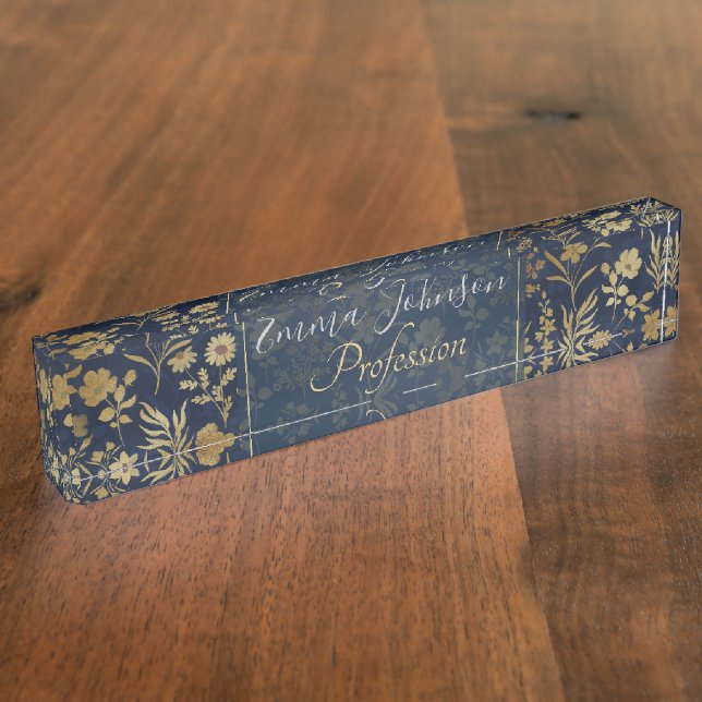 Porte-nom Élégantes Fleurs d'or Bleu Botanique (Taille)