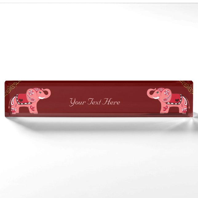Porte-nom Eléphant au henné (rouge/rose) (Devant)