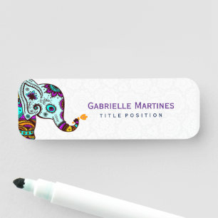 Porte-nom Eléphant floral rétro coloré et Arrière - plan noi