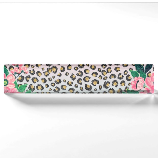 Porte-nom Empreinte de léopard de Parties scintillant floral (Devant)