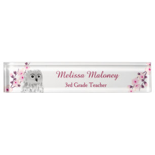 Porte-nom Enseignant Blanc Rose Chouette Et Fleur De Cerisie