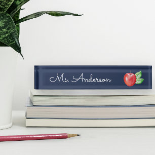 Porte-nom Enseignant personnalisé Red Watercolor Apple