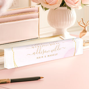 Porte-nom Entreprise Cercle Or Aquarelle Rose Blush Script