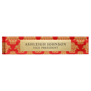 Porte-nom Feuille d'or rouge de Faux de motif de damassé