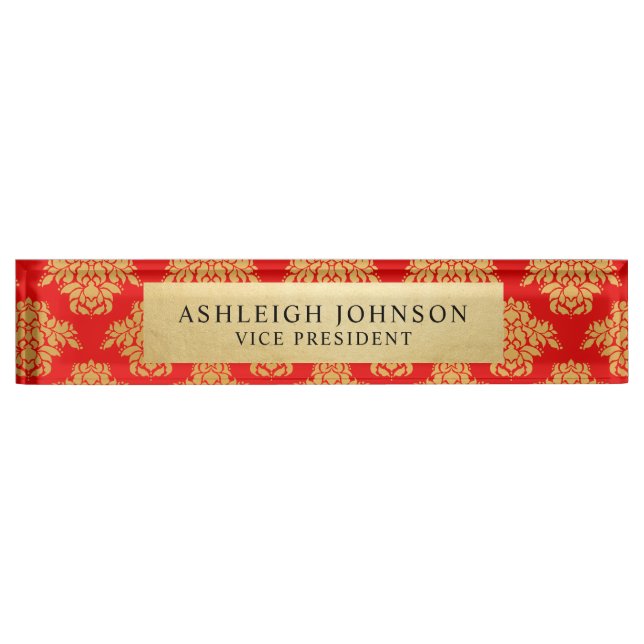 Porte-nom Feuille d'or rouge de Faux de motif de damassé (Devant)