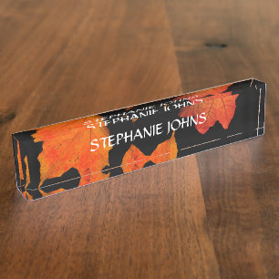 Porte-nom Feuilles d'automne Orange Nom Monogrammé Noir 202