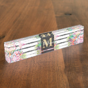 Porte-nom feuilles floraux tropicaux et rayures de flamants 