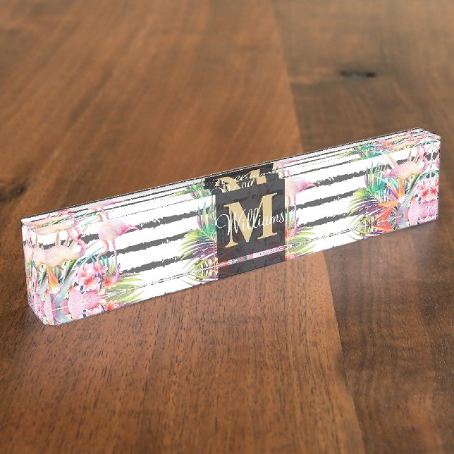 Porte-nom feuilles floraux tropicaux et rayures de flamants  (Taille)