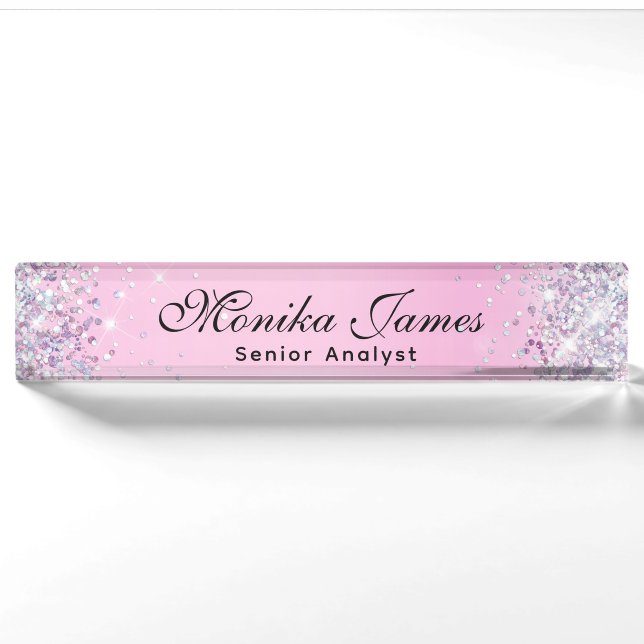 Porte-nom Fille Glitterie Holographique Faux Rose clair Pers (Devant)
