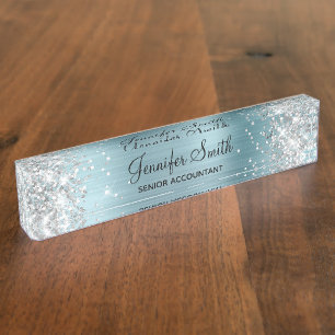 Porte-nom Fille Glittery Argent Faux Bleu Léger Foil