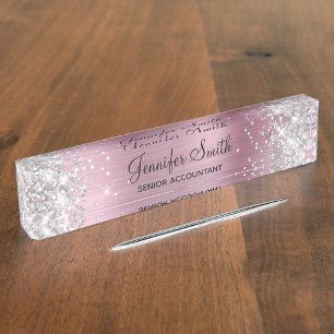 Porte-nom Fille Glittery Argent Faux Clair Pink Foil