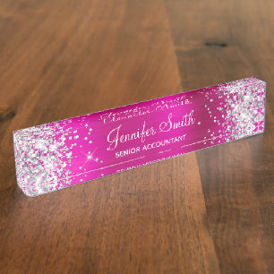 Porte-nom Fille Glittery Argent Faux Hot Rose Foil