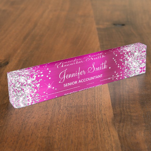 Porte-nom Fille Glittery Argent Faux Hot Rose Foil (Taille)