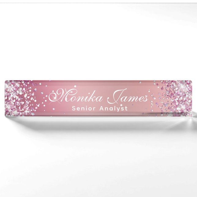 Porte-nom Fille Glittery Holographique Faux Rose Gold Custom (Devant)