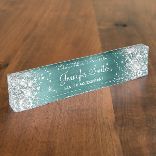 Porte-nom Fille Parties scintillant Argent Faux Aqua Turquoi