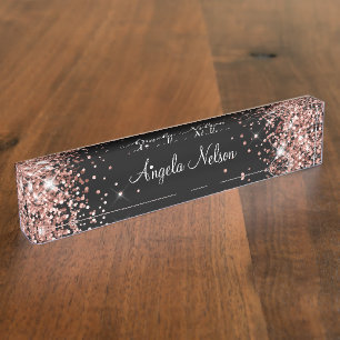 Porte-nom Fille Rose brillant Parties scintillant d'or noir