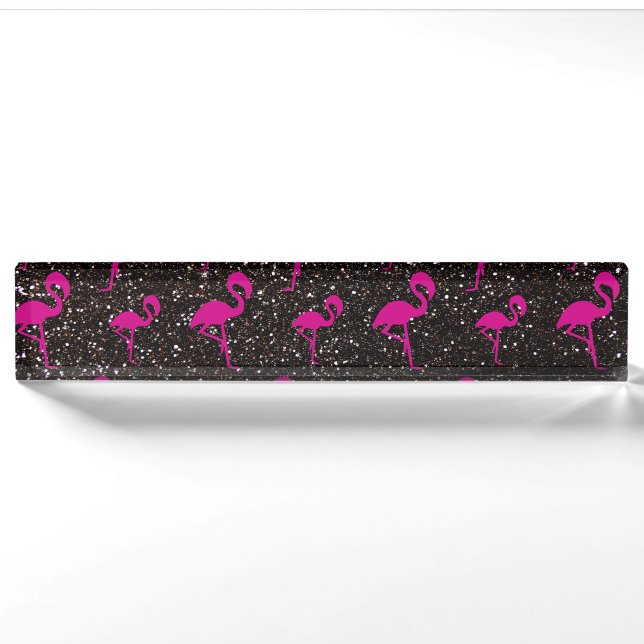 Porte-nom Flamant noir de rose de parties scintillantes (Devant)