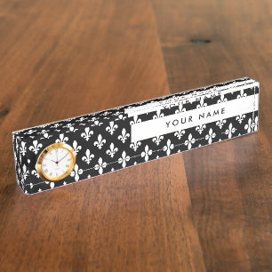 Porte-nom Fleur de Lis, Blanc sur Noir, Blanc, Votre Nom