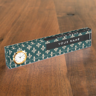 Porte-nom Fleur de Lis Motif, Français, Royal, Crème, Vert