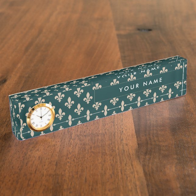 Porte-nom Fleur de Lis Motif, Français, Royal, Crème, Vert (Taille)