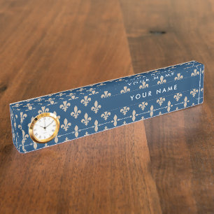 Porte-nom Fleur de Lis Motif, française, royale, crème, bleu