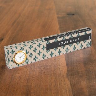 Porte-nom Fleur de Lis, Vert sur Beige, Royal, Votre Nom