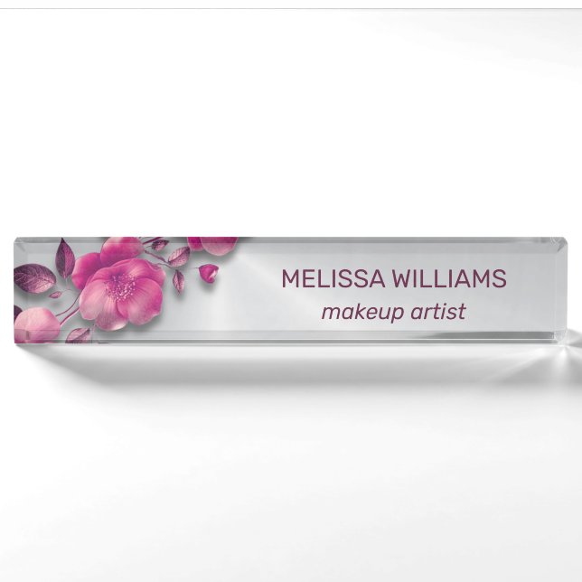 Porte-nom Fleur métallique rose brillant Argent (Devant)