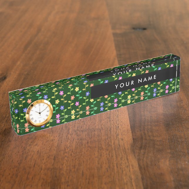 Porte-nom Fleurs Colorées, Fond Vert, Noir (Taille)