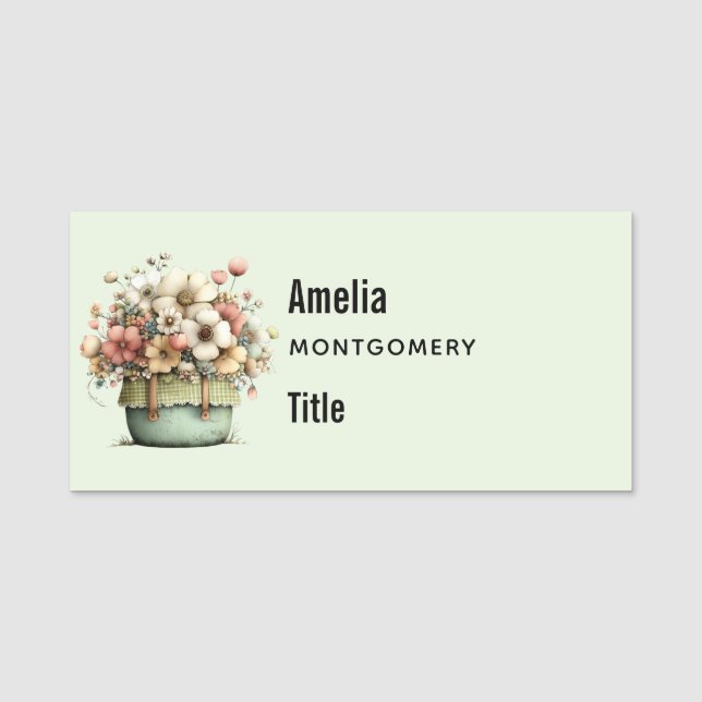 Porte-nom Fleurs dans un pot confortable shabby mignon (Devant)