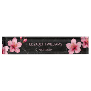 Porte-nom Fleurs de cerisier rose sur marbre noir