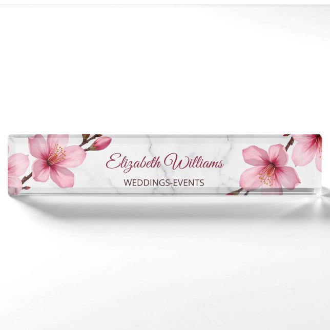 Porte-nom Fleurs de cerisier roses sur marbre gris (Devant)